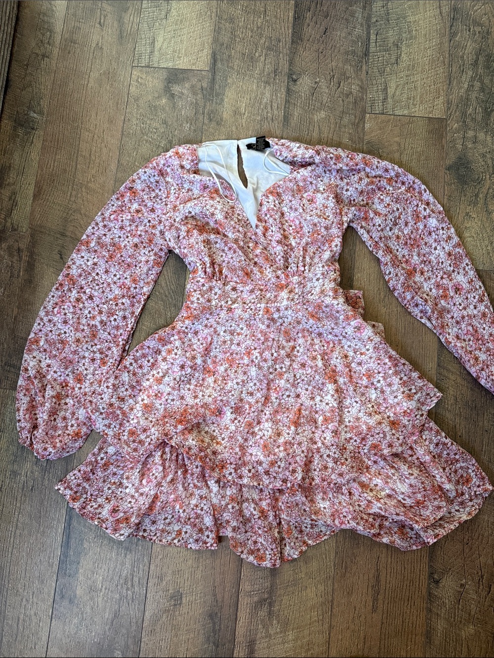 Japna Pink Floral Long-Sleeve Tiered Dress